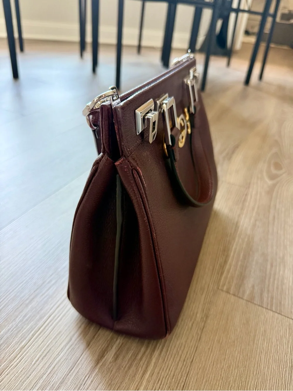 Gucci Women’s Burgundy Leather Top-Handle Satchel with Gold GG